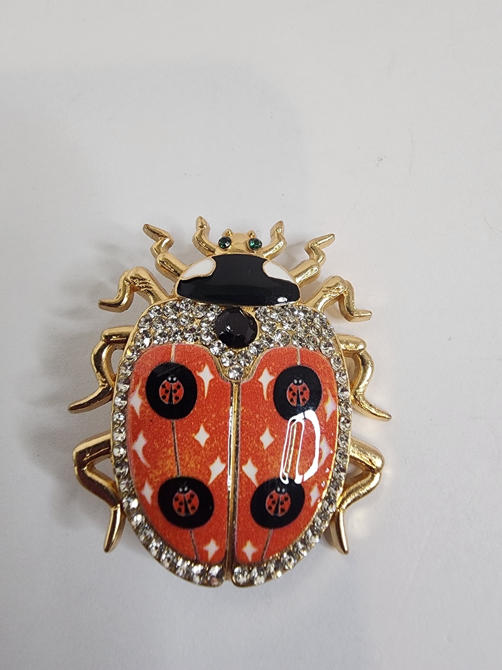Gold-tone Ladybug Brooch with Orange Enamel and Rhinestones, NWOT, 1.75" x 1.5"